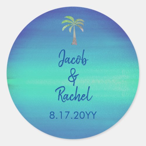 Tropical Palm Muted Blue Green Beach Ocean Wedding Classic Round Sticker