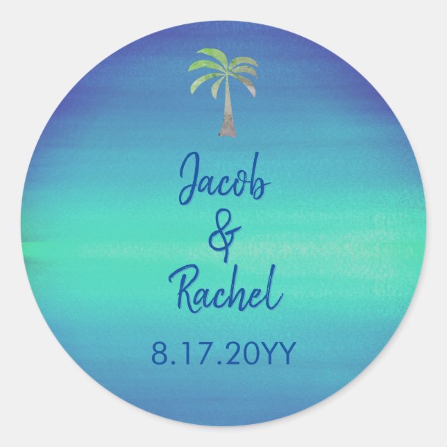 Tropical Palm Muted Blue Green Beach Ocean Wedding Classic Round Sticker (Front)