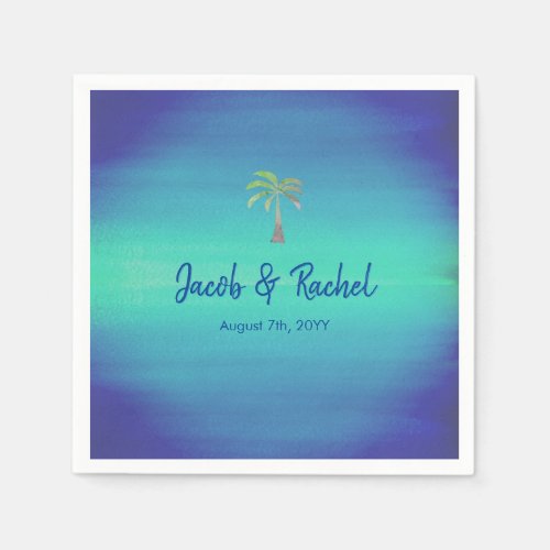 Tropical Palm Muted Blue Green Beach Ocean Wedding Napkins