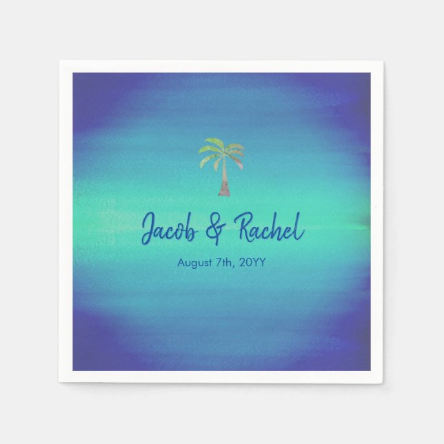 Tropical Palm Muted Blue Green Beach Ocean Wedding Napkins (Front)