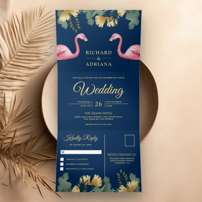 Tropical Palm Navy Blue Flamingo Couple Wedding Tri-Fold Invitation (Creator Uploaded)