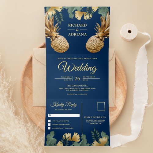 Tropical Palm Navy Blue Gold Pineapple Wedding Tri_Fold Invitation