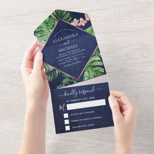 Tropical Palm Navy Blue Rose Gold Wedding RSVP All In One Invitation