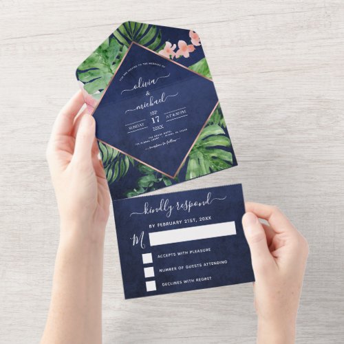 Tropical Palm Navy Blue Rose Gold Wedding RSVP All In One Invitation