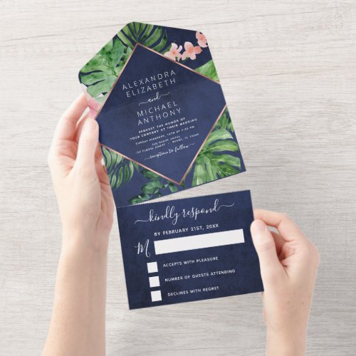 Tropical Palm Navy Blue Rose Gold Wedding RSVP All In One Invitation