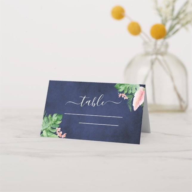 Tropical Palm Navy Blue Wedding Place Card (Front)