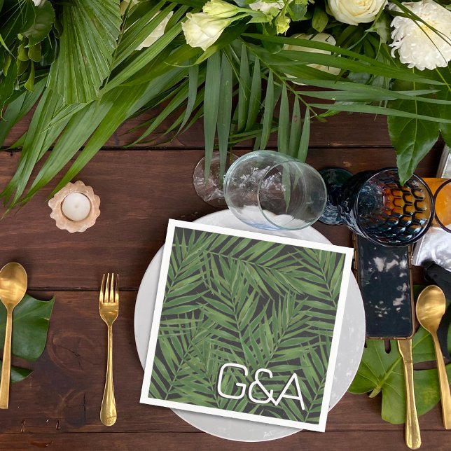 Tropical Palm Night Sky Modern Initials Wedding Napkins (Creator Uploaded)