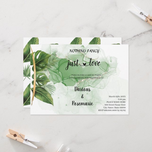 Tropical Palm Nothing Fancy just Love Elopement Invitation (Front/Back In Situ)