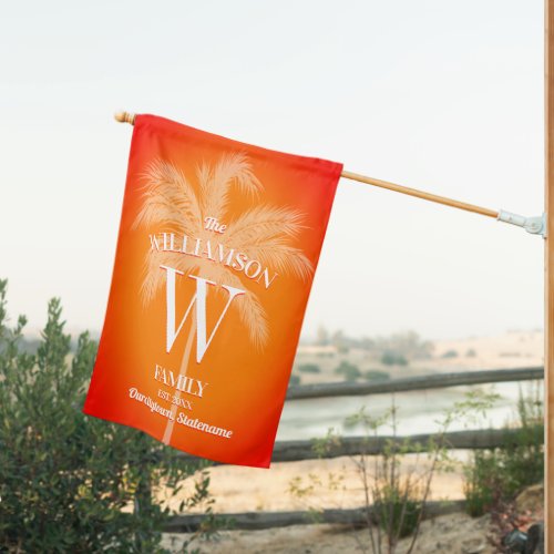 Tropical Palm Orange Monogram and Family Name House Flag