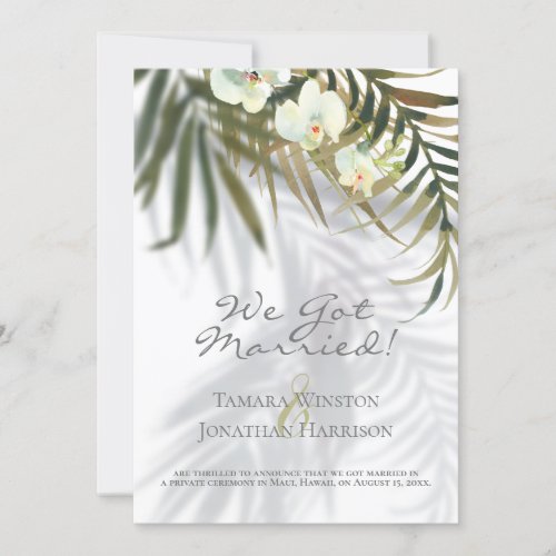 Tropical Palm  Orchid Shadows Beach Just Married Invitation