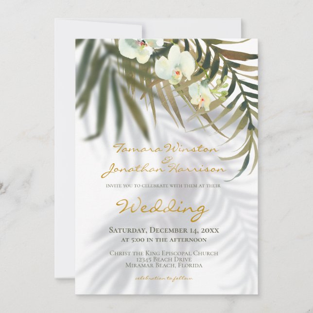 Tropical Palm & Orchid Shadows Beach Wedding Invitation (Front)