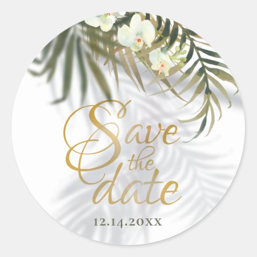 Tropical Palm  Orchid Shadows Gold Save The Date Classic Round Sticker
