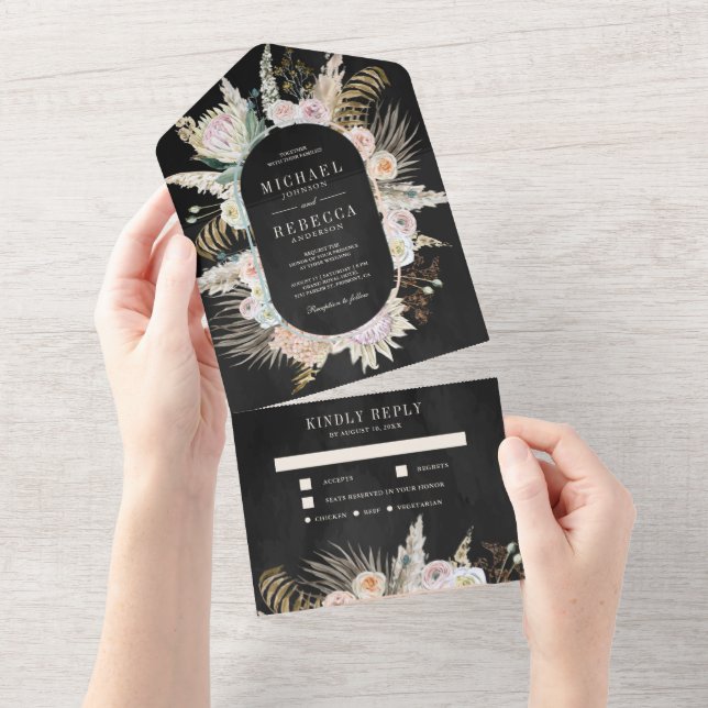 Tropical Palm Pampas Grass Floral Black Wedding All In One Invitation (Tearaway)