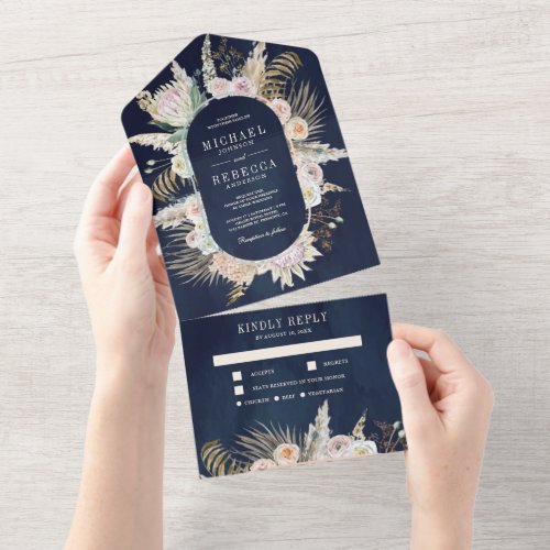 Tropical Palm Pampas Grass Floral Navy Wedding All In One Invitation