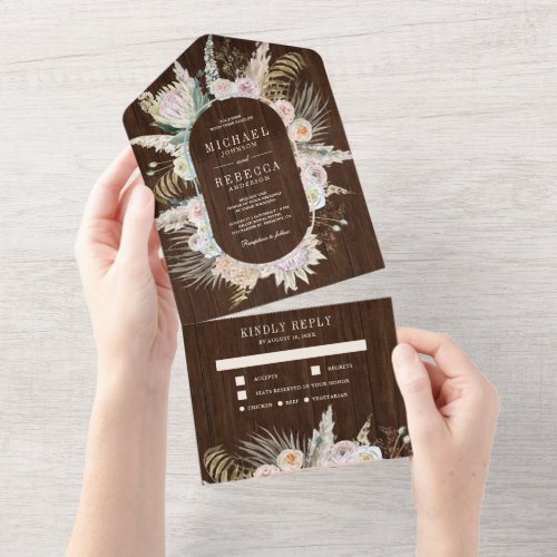 Tropical Palm Pampas Grass Floral Wood Wedding All In One Invitation