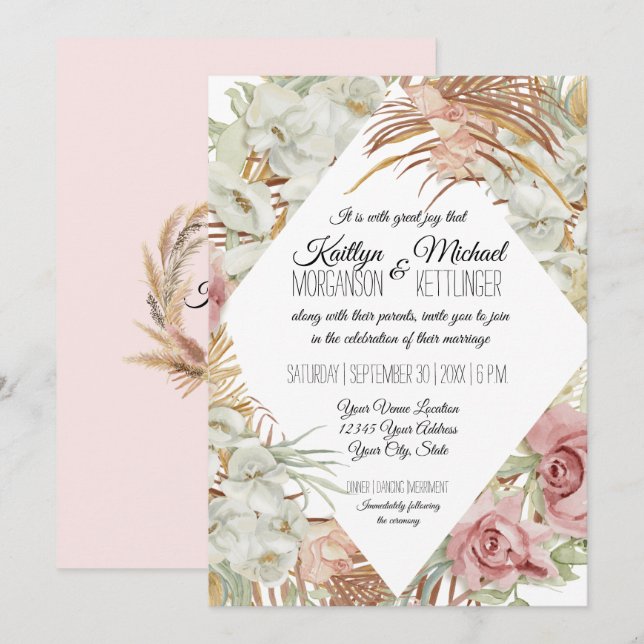 Tropical Palm Pampas Grass Greenery Blush Floral Invitation (Front/Back)
