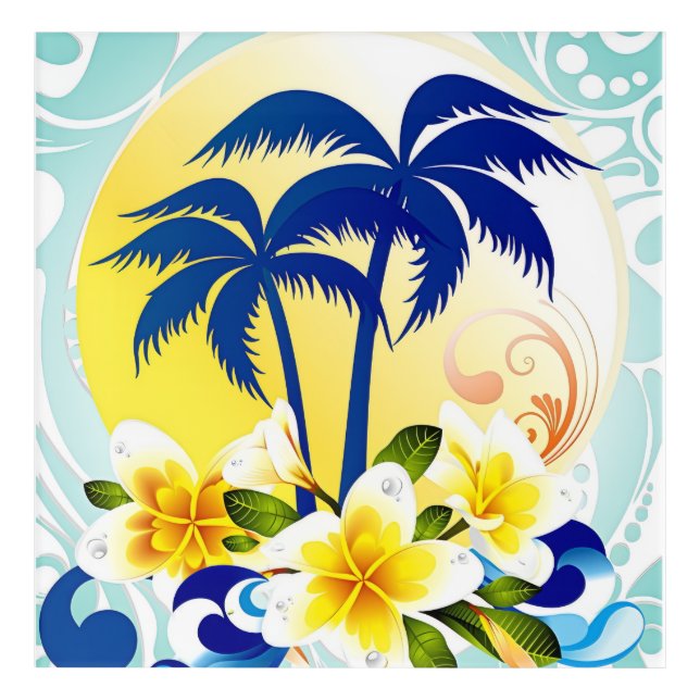 Tropical Palm Paradise with Plumeria Bloom Acrylic Print (Front)