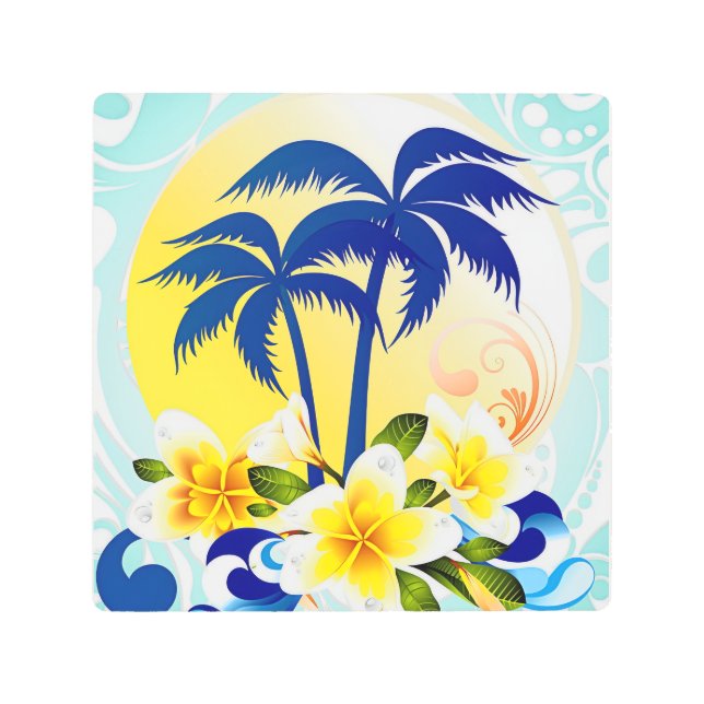 Tropical Palm Paradise with Plumeria Bloom Metal Print (Front)