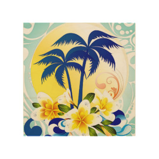 Tropical Palm Paradise with Plumeria Bloom Wood Wall Art
