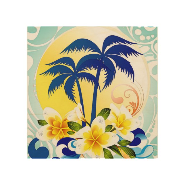 Tropical Palm Paradise with Plumeria Bloom Wood Wall Art (Front)