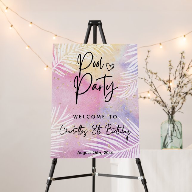 Tropical Palm Pastel Rainbow Pool Party Birthday  Foam Board (In Situ (Stand))