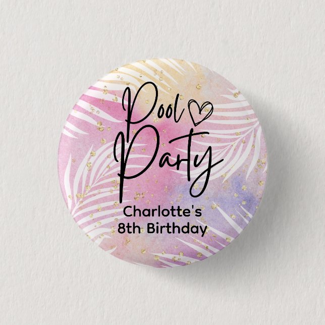 Tropical Palm Pastel Rainbow Pool Party Button (Front)