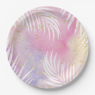 Tropical Palm Pastel Rainbow Pool Party Paper Plates
