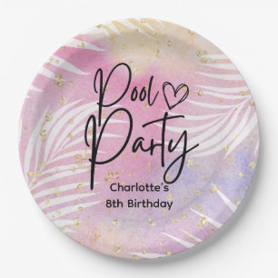 Tropical Palm Pastel Rainbow Pool Party Paper Plates