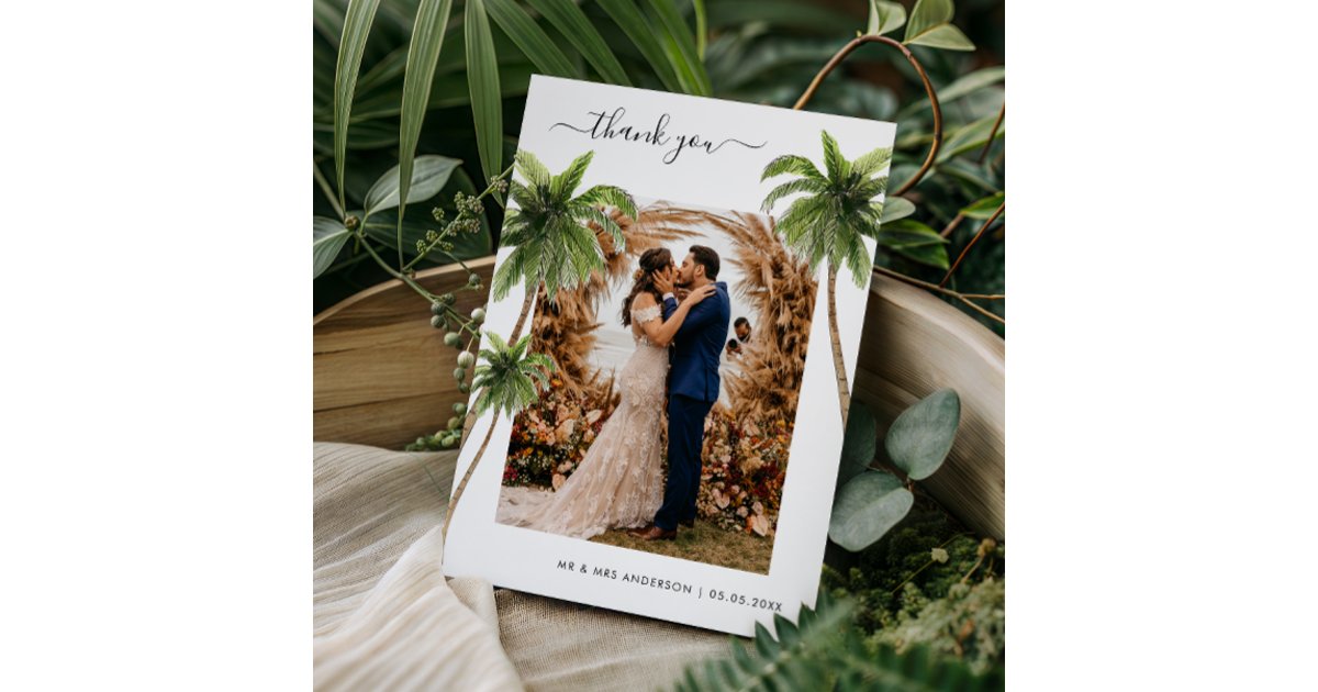 Tropical Palm Photo Wedding Thank You Card | Zazzle