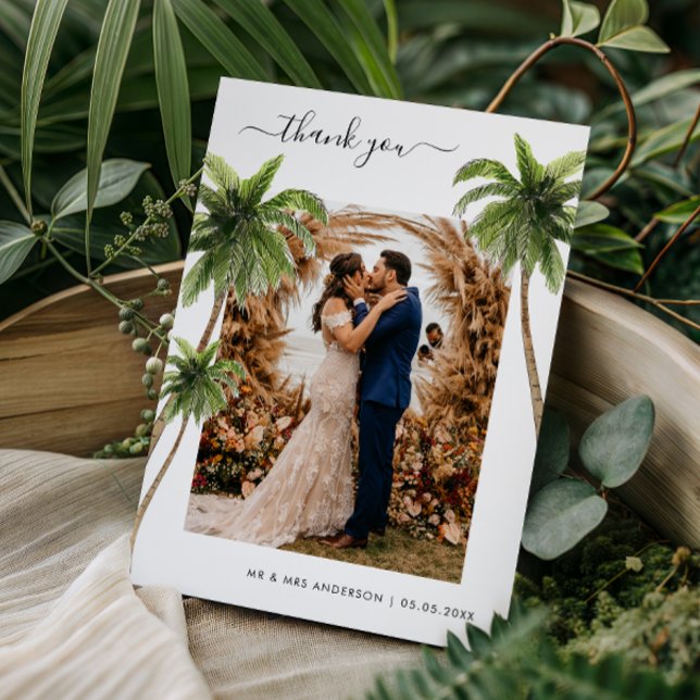 Tropical Palm Photo Wedding Thank You Card (Creator Uploaded)