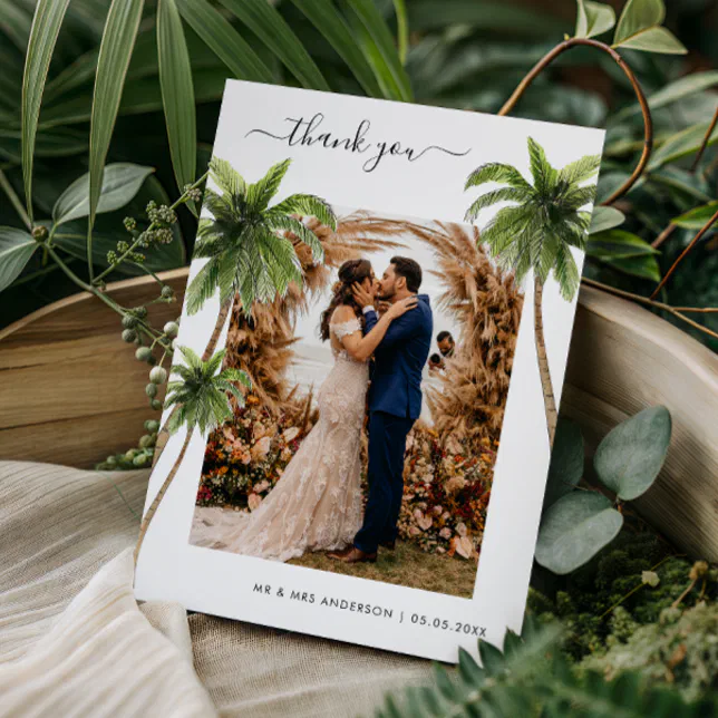 Tropical Palm Photo Wedding Thank You Card | Zazzle