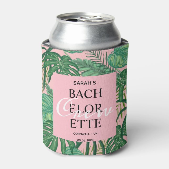Tropical Palm Pink Bachelorette Crew Party Can Cooler (Can Front)