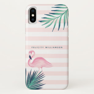 Tropical Palm Pink Flamingo Pink & White Stripe iPhone X Case