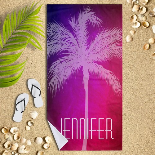 Tropical Palm PinkPurple Personalized Beach Towel