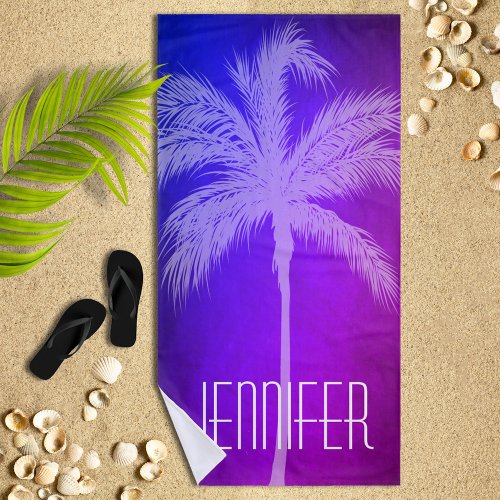 Tropical Palm PurpleBlue Personalized Beach Towel