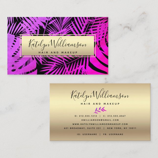 Tropical palm purple pink ombre gold chic script business card (Front/Back)
