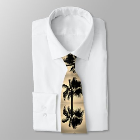Tropical Palm Reflections Against A Golden Sky Neck Tie