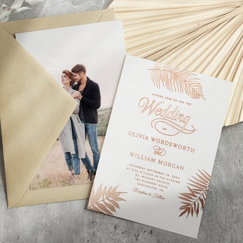 Tropical Palm Rose Gold Foil Photo Wedding Foil Invitation