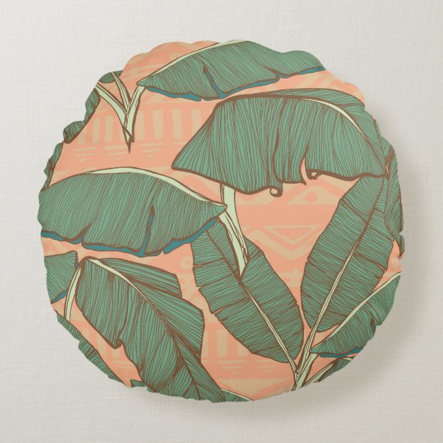 Tropical Palm: Seamless Leaf Background Round Pillow (Front)
