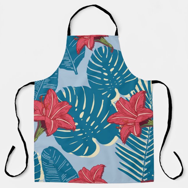 Tropical Palm seamless leaf blue pattern Apron (Front)