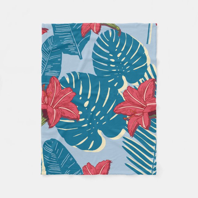 Tropical Palm seamless leaf blue pattern Fleece Blanket (Front)