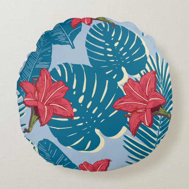 Tropical Palm seamless leaf blue pattern Round Pillow (Front)