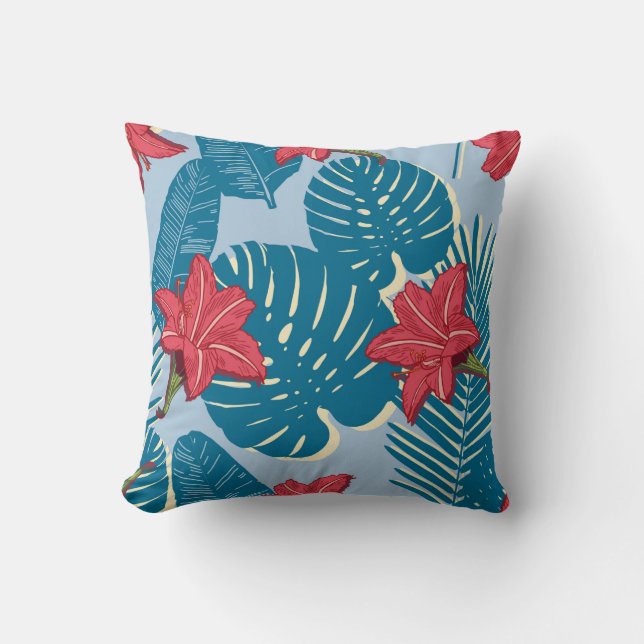 Tropical Palm seamless leaf blue pattern Throw Pillow (Front)