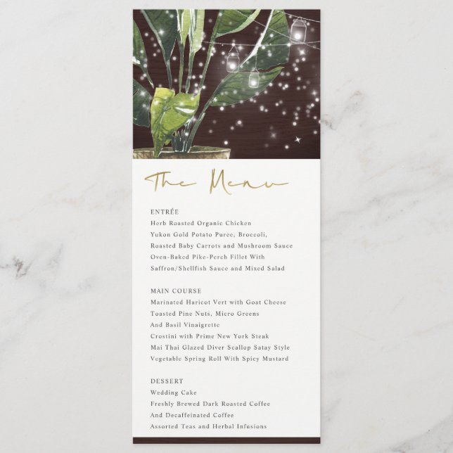 TROPICAL PALM STARRY NIGHT MASON JAR WEDDING MENU (Front)