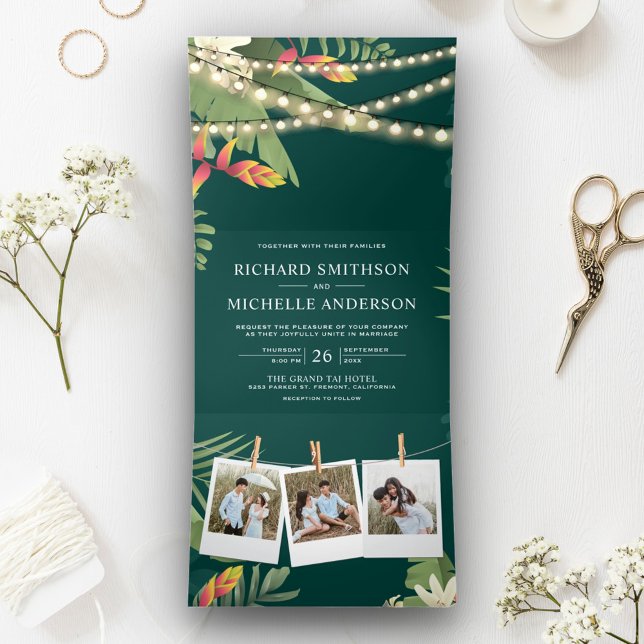 Tropical Palm String Lights Photo Collage Wedding Tri-Fold Invitation (Creator Uploaded)