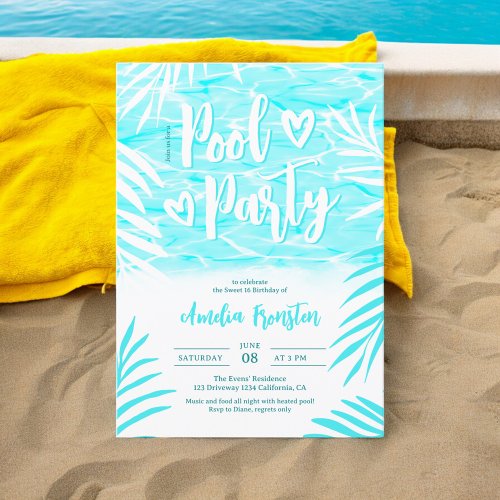 Tropical palm summer blue pool party Sweet 16 Invitation
