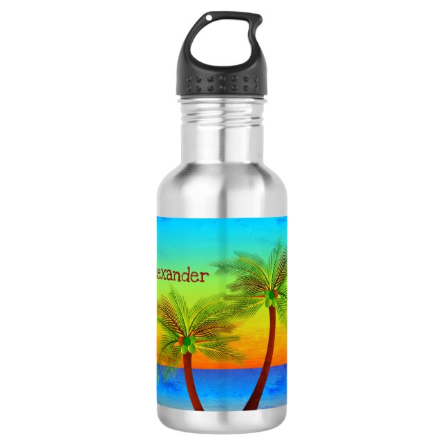 Tropical Palm Sunset Island Stainless Steel Water Bottle (Front)