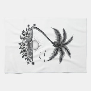 Tropical Palm Sunset – Minimalist Beach Line Art Kitchen Towel