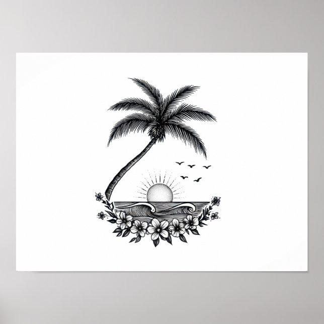 Tropical Palm Sunset – Minimalist Beach Line Art  Poster (Front)