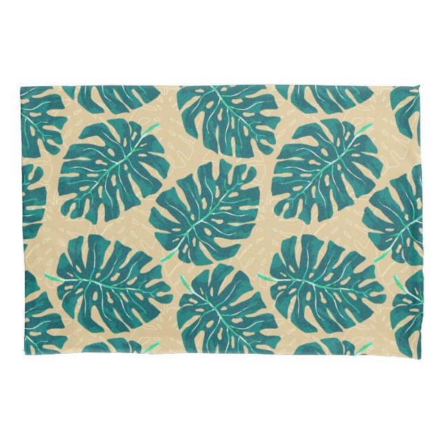 Tropical Palm Teal Beige Pillow Case (Front)